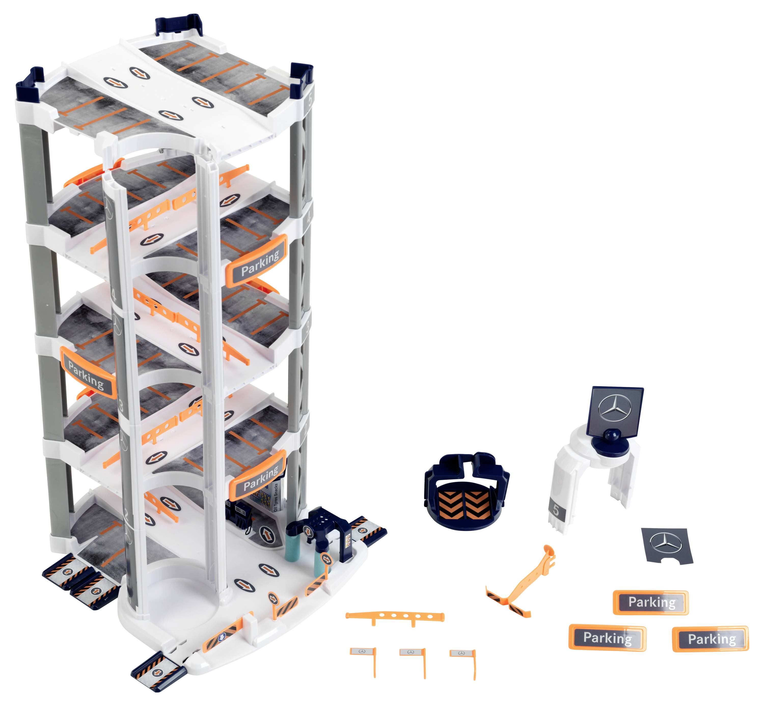 Pięciopiętrowy, zabawkowy parking z charakterystyczną spiralną rampą, oznakowaniem i dodatkami samochodowymi; stworzony z myślą o kreatywnej zabawie dzieci.
