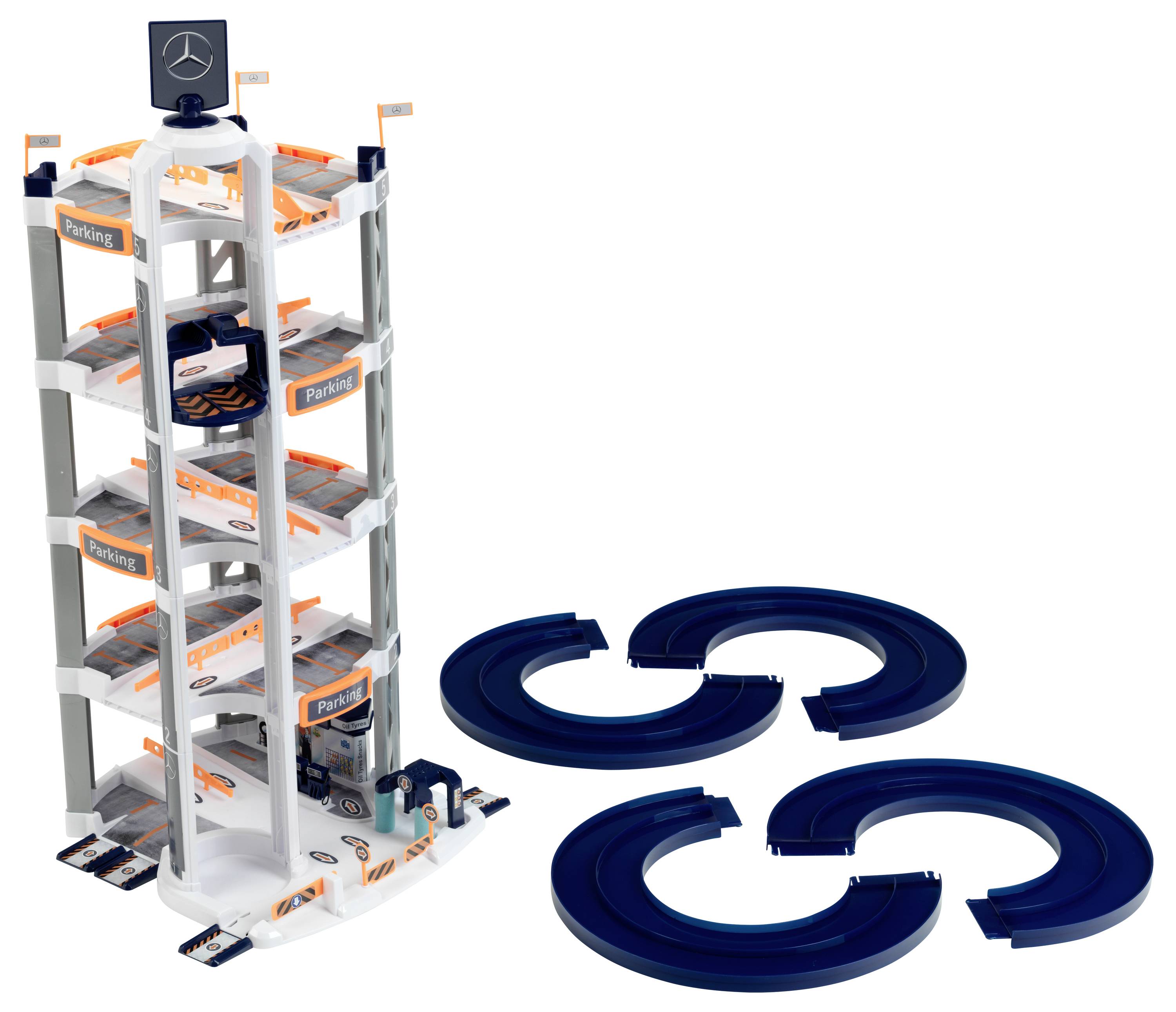 Wielopoziomowy zestaw parkingu zabawkowego z rampami i torami dla samochodów, z logo Mercedes na szczycie, elementy ułożone osobno.