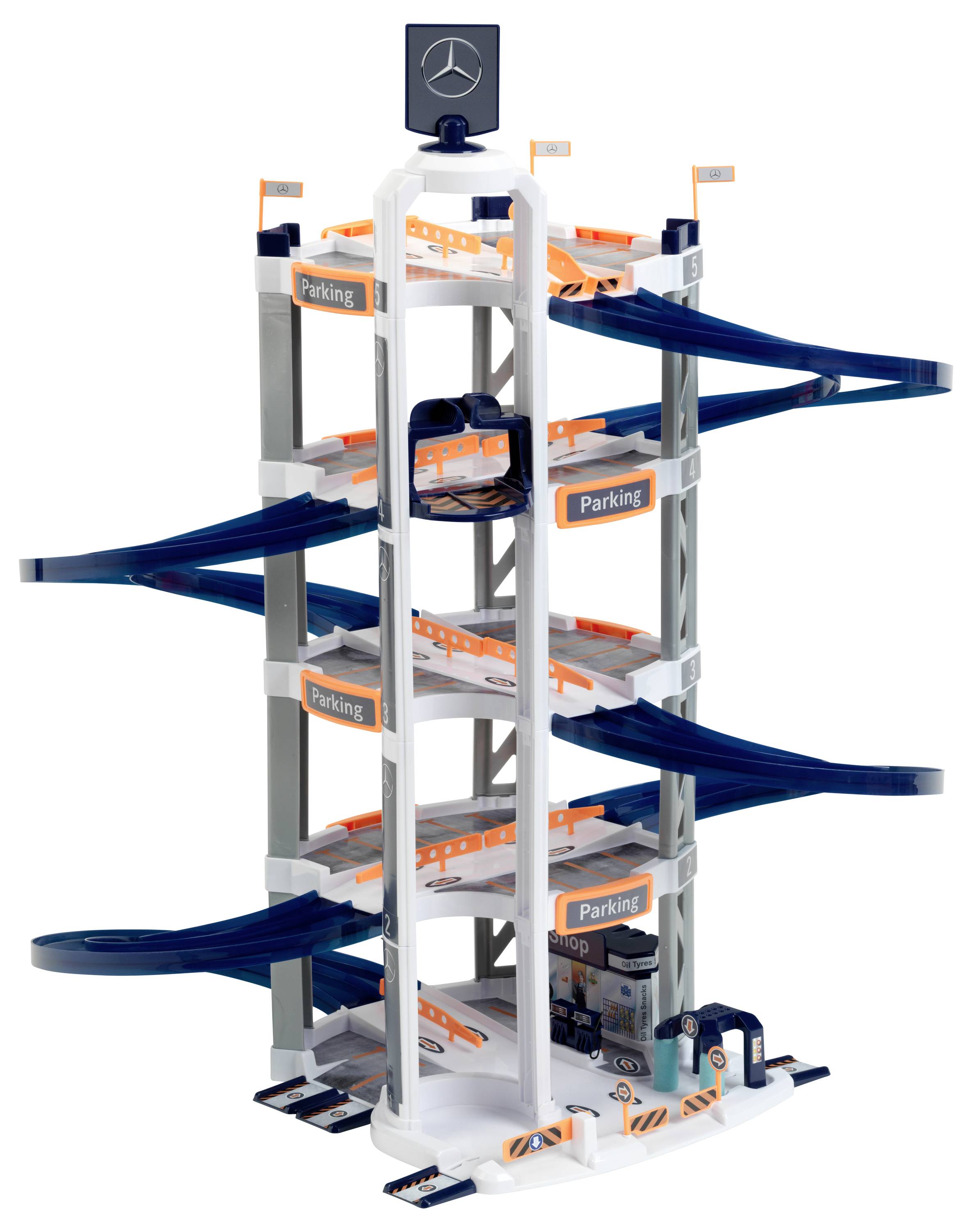 Model parkingu dla zabawek z czterema poziomami, zjazdami po obu stronach, w niebiesko-białej kolorystyce z tabliczkami 'Parking'. Zawiera stację benzynową u podstawy.