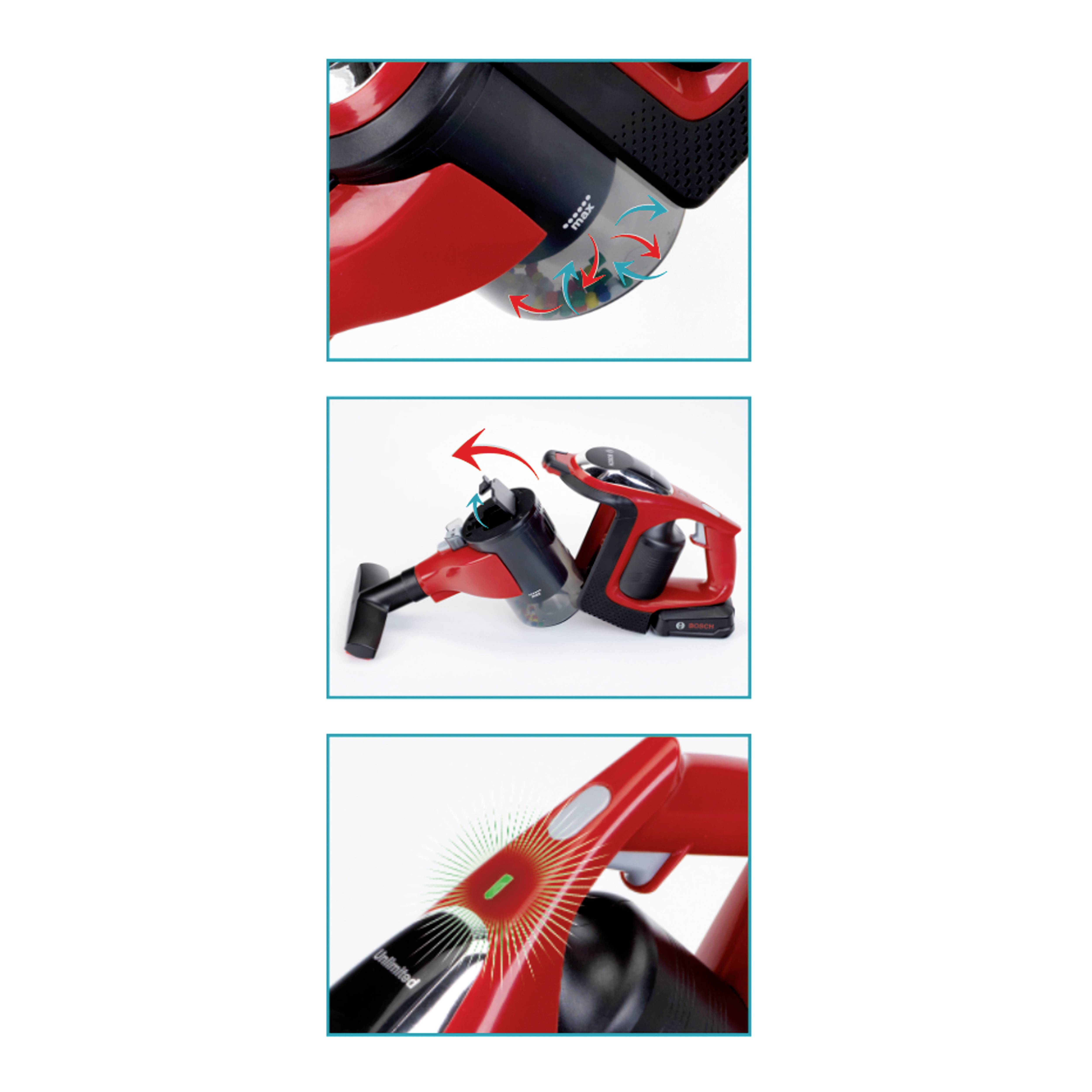 Na ilustracji przedstawiono odkurzacz w kolorach czerwonym i czarnym, prezentujący jego komorę na kurz, odłączalną baterię oraz wskaźnik ładowania.