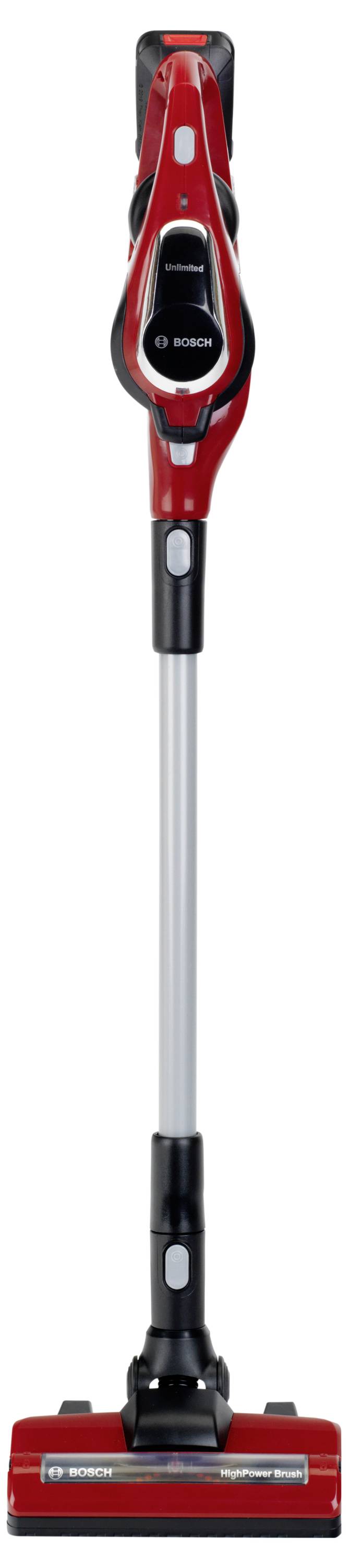 Czerwony pionowy odkurzacz z długą srebrną rączką, zaprojektowany do wygodnego użycia ręcznego, stojący pionowo na białym tle.