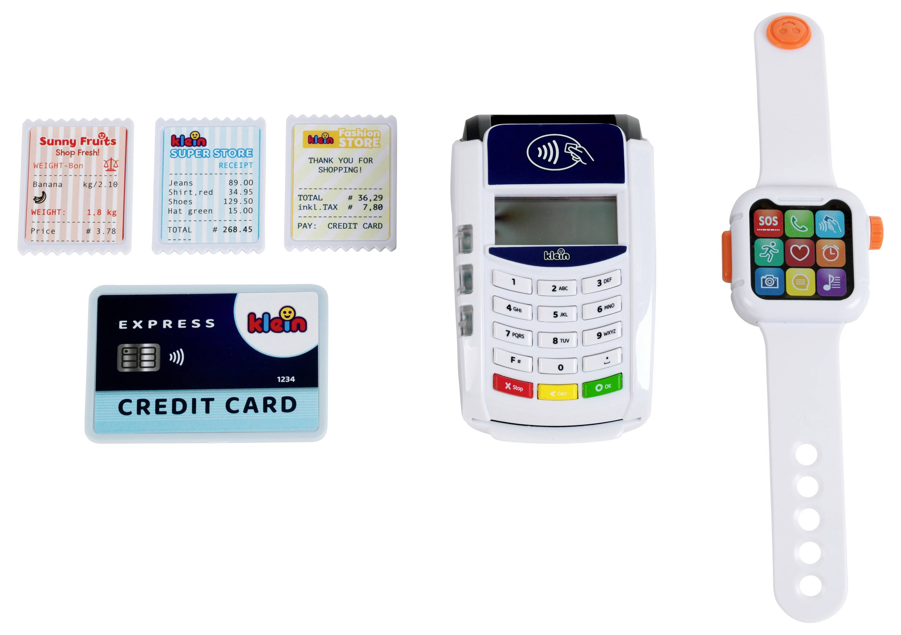 Zestaw zabawkowy składający się z karty kredytowej, biletów, terminala płatniczego i smartwatcha, przypominający rzeczywiste przedmioty związane z zakupami i transakcjami.