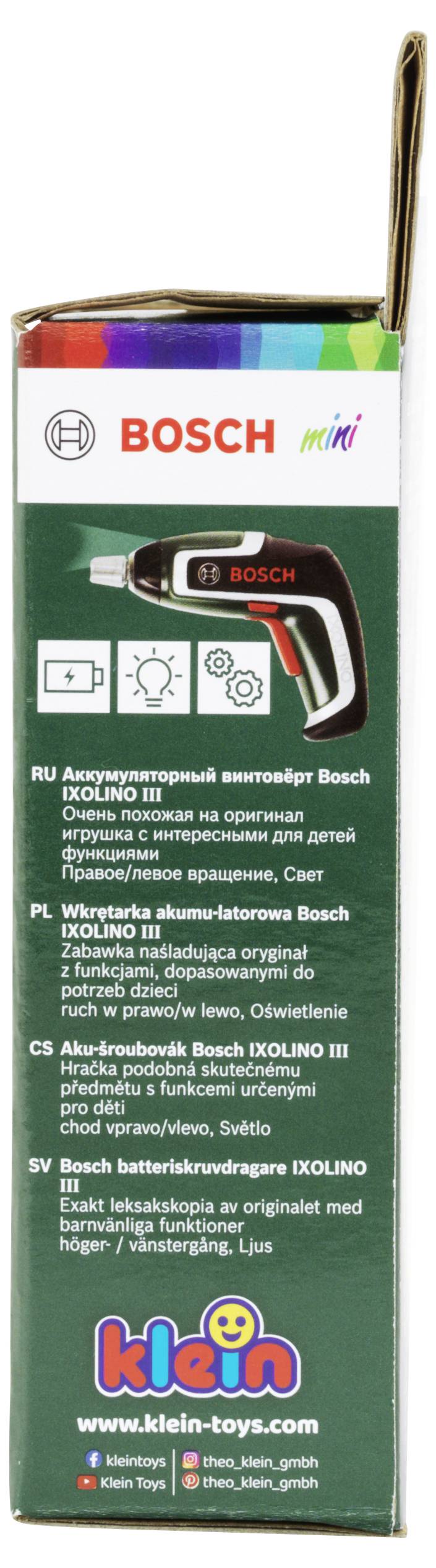 Zestaw zabawkowego wkrętaka Bosch w opakowaniu, prezentujący wizerunek urządzenia oraz opisy tekstowe w wielu językach.
