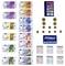 Zestaw pieniędzy do zabawy zawierający banknoty euro w różnych nominałach, monety, kartę kredytową oraz listy zakupów do liczenia i edukacyjnej zabawy.