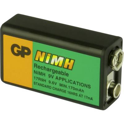 Czarno-pomarańczowa akumulatorowa bateria 9V NiMH oznaczona etykietą 'GP NiMH, 170mAh, ładowanie standardowe 16h przy 17mA'.