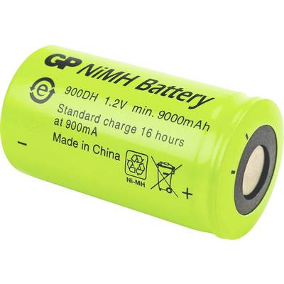Jasnozielona bateria GP NiMH oznaczona napisami '900DH 1,2V min 9000mAh', 'Standardowe ładowanie 16 godzin przy 900mA', 'Wyprodukowano w Chinach', z symbolami recyklingu.