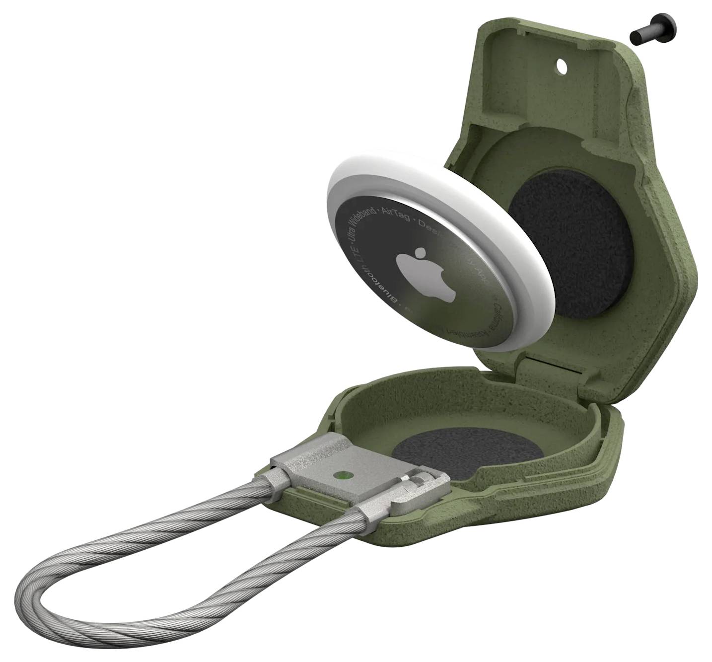 Okrągłe urządzenie elektroniczne z logo Apple jest częściowo schowane w zielonym futerale ochronnym z metalową linką zabezpieczającą.