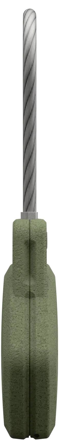 Teksturowany pilnik z zielonym uchwytem i spiralnym, metalowym ostrzem rozciągającym się pionowo.