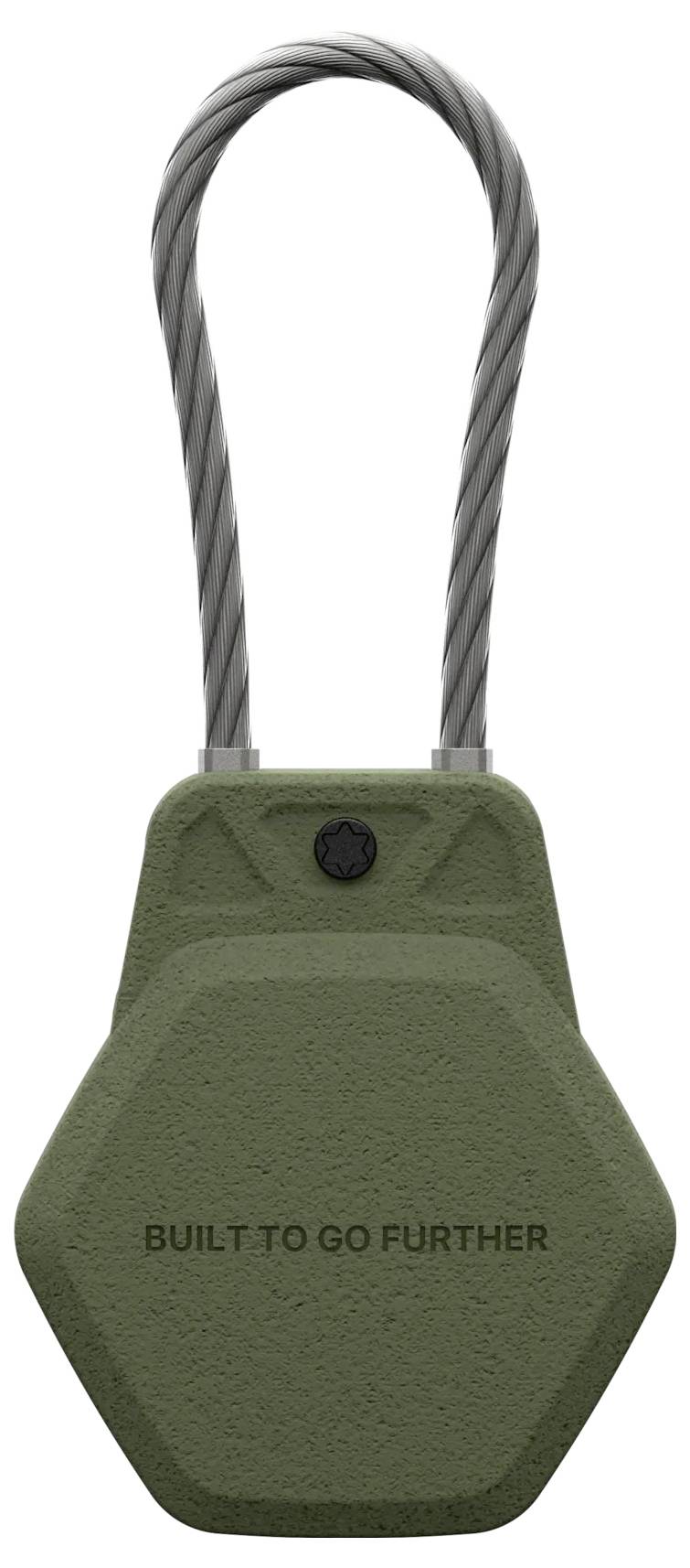 Zielona sześciokątna kłódka z plecionym metalowym uchem, na której przedniej stronie widnieje napis 'ZBUDOWANA, BY ZAJŚĆ DALEJ'