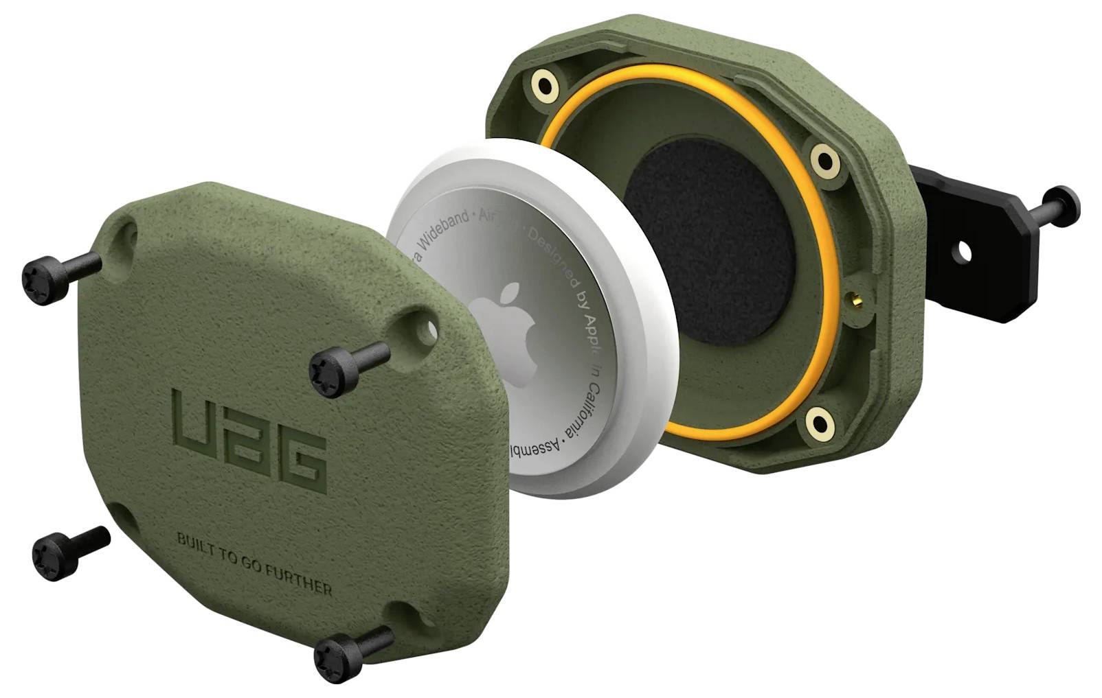 Widok eksplodowany zielonej oliwkowej obudowy UAG wykonanej dla Apple AirTag, przedstawiający wiele elementów, które dokładnie przylegają do siebie i łączą się w sposób bezpieczny.