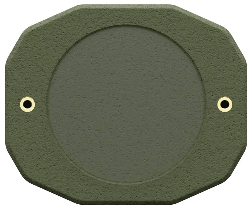 Zielony okrągły przycisk z fakturowaną powierzchnią i dwoma małymi otworami po przeciwnych stronach.
