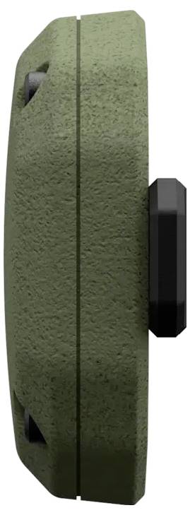 Zielone, teksturowane, okrągłe urządzenie widziane z boku, z wyróżniającym się czarnym elementem po jednej stronie.