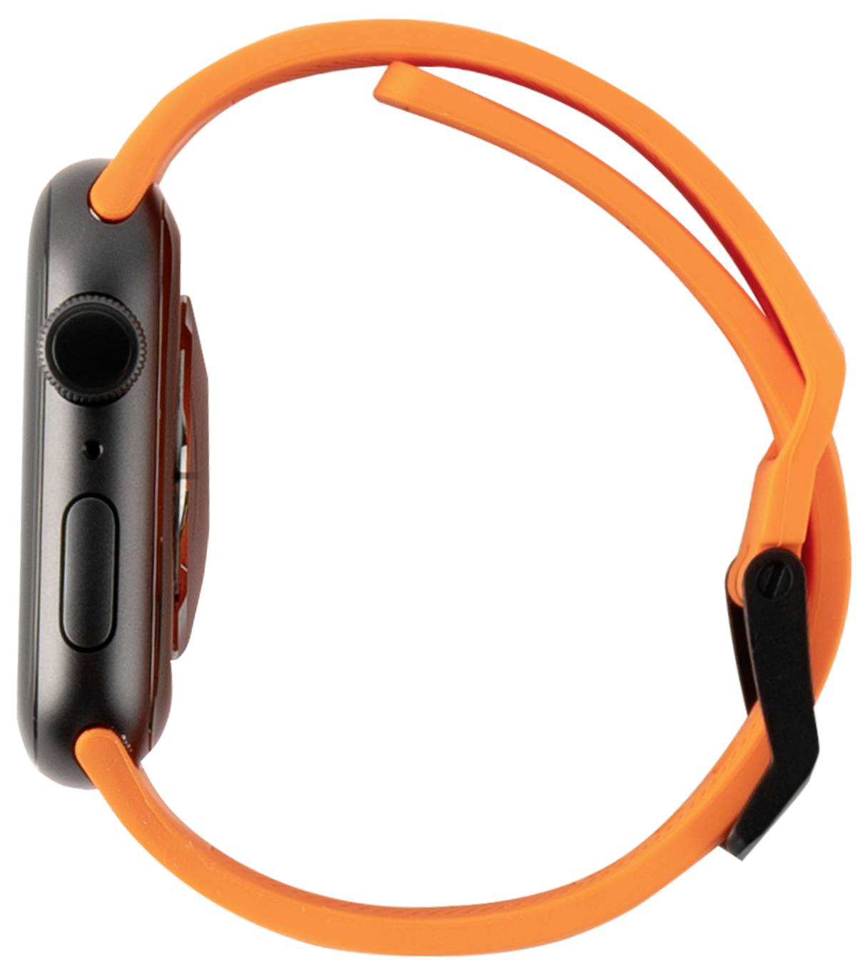 Smartwatch z pomarańczowym paskiem jest pokazany z boku, podkreślając przyciski i koronkę cyfrową na urządzeniu.