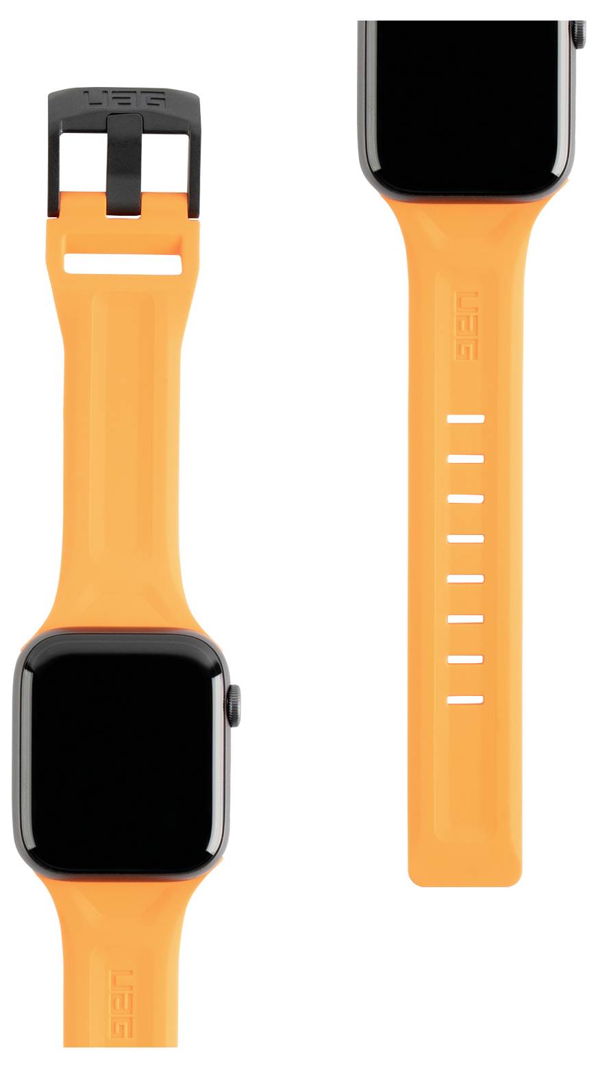 Pomarańczowy pasek do smartwatcha, kompatybilny z inteligentnymi zegarkami, jest prezentowany w dwóch ujęciach: z boku i z góry, podkreślając jego design i zapięcie.