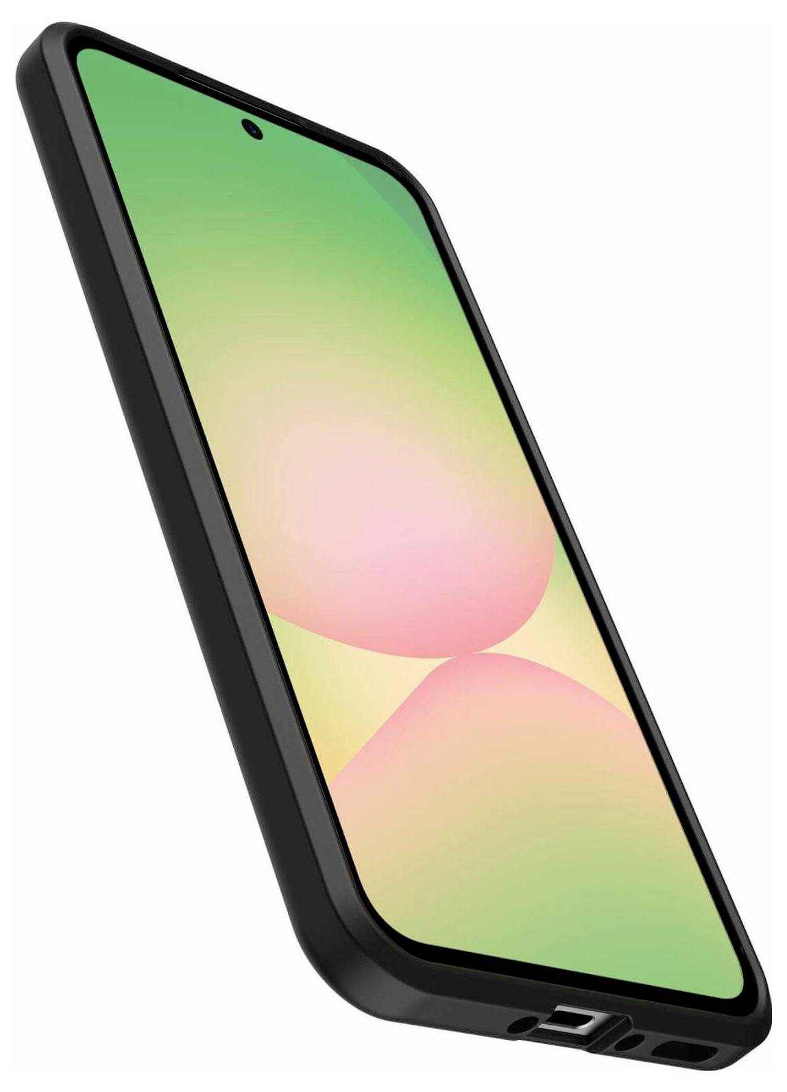 Smartfon z czarną obudową, wyświetlający ekran z kolorowym gradientem, lekko ułożony pod skosem w prawo.