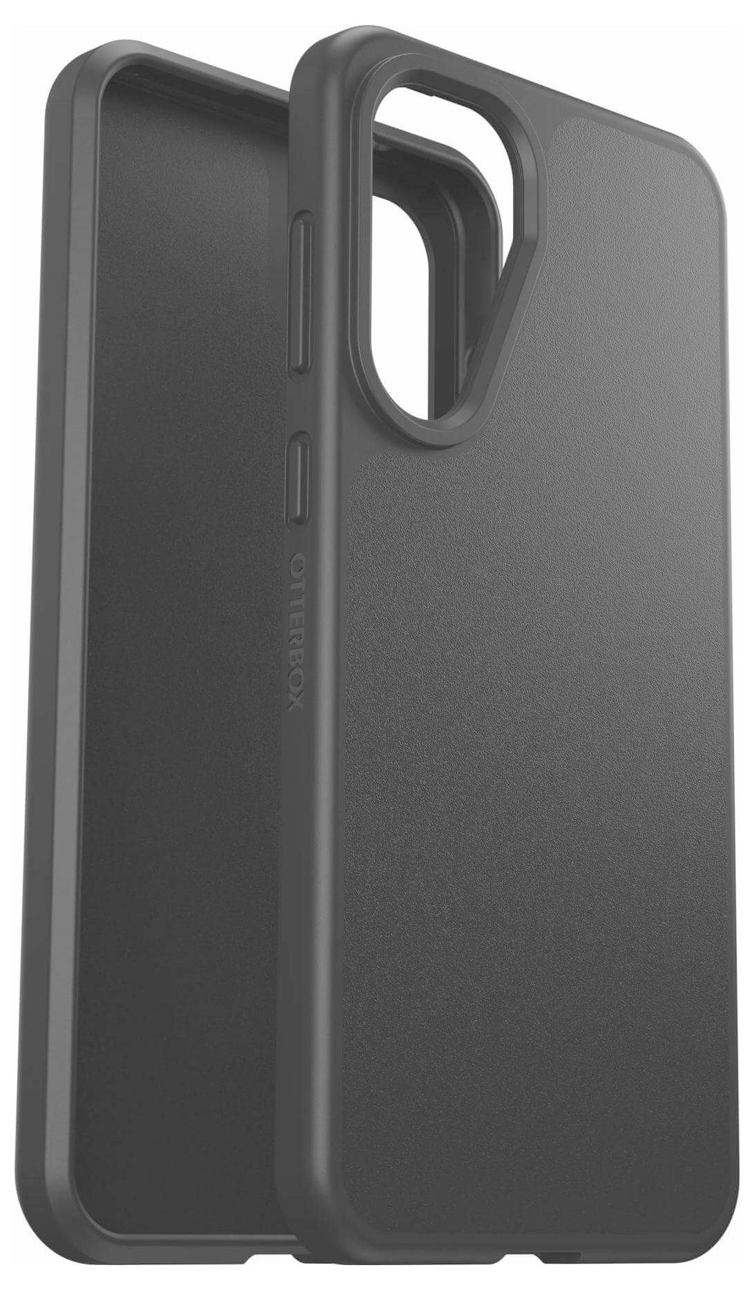 Dwie czarne etui do smartfonów z wycięciami na przyciski i aparaty, ustawione pod kątem, pokazujące wewnętrzną i zewnętrzną część ich projektu.