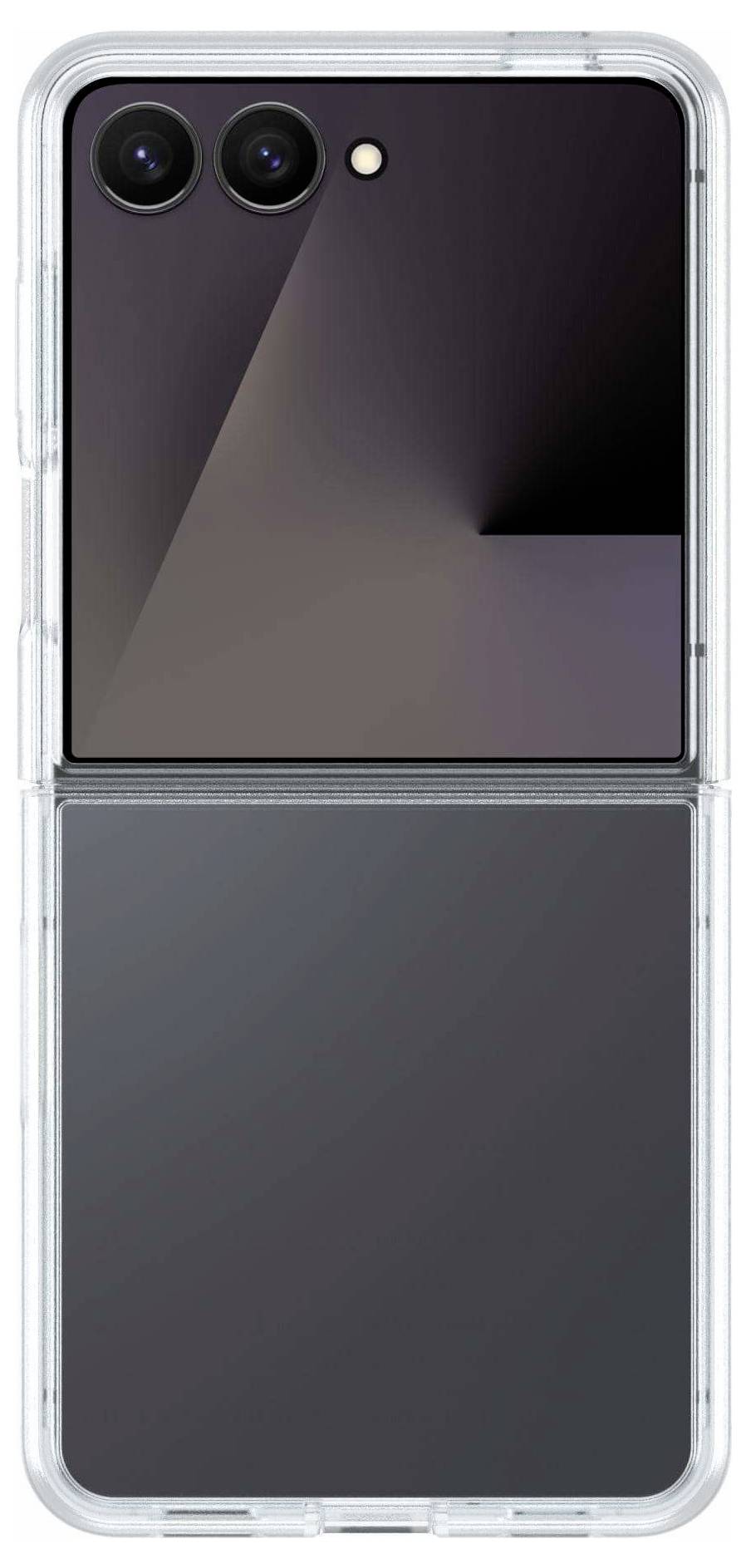 Składany smartfon zamknięty, widziany od tyłu w przezroczystym etui. Widoczne są dwie tylne kamery i eleganckie czarne wykończenie.