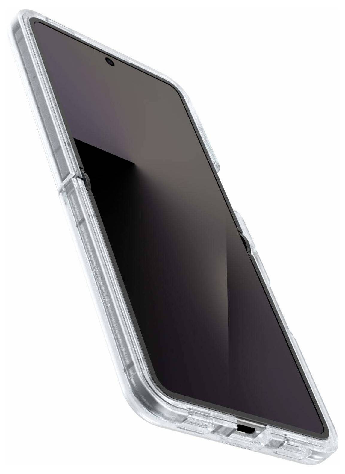 Smartfon z eleganckim czarnym ekranem jest umieszczony w przezroczystej obudowie ochronnej, wyeksponowany na pustym tle.
