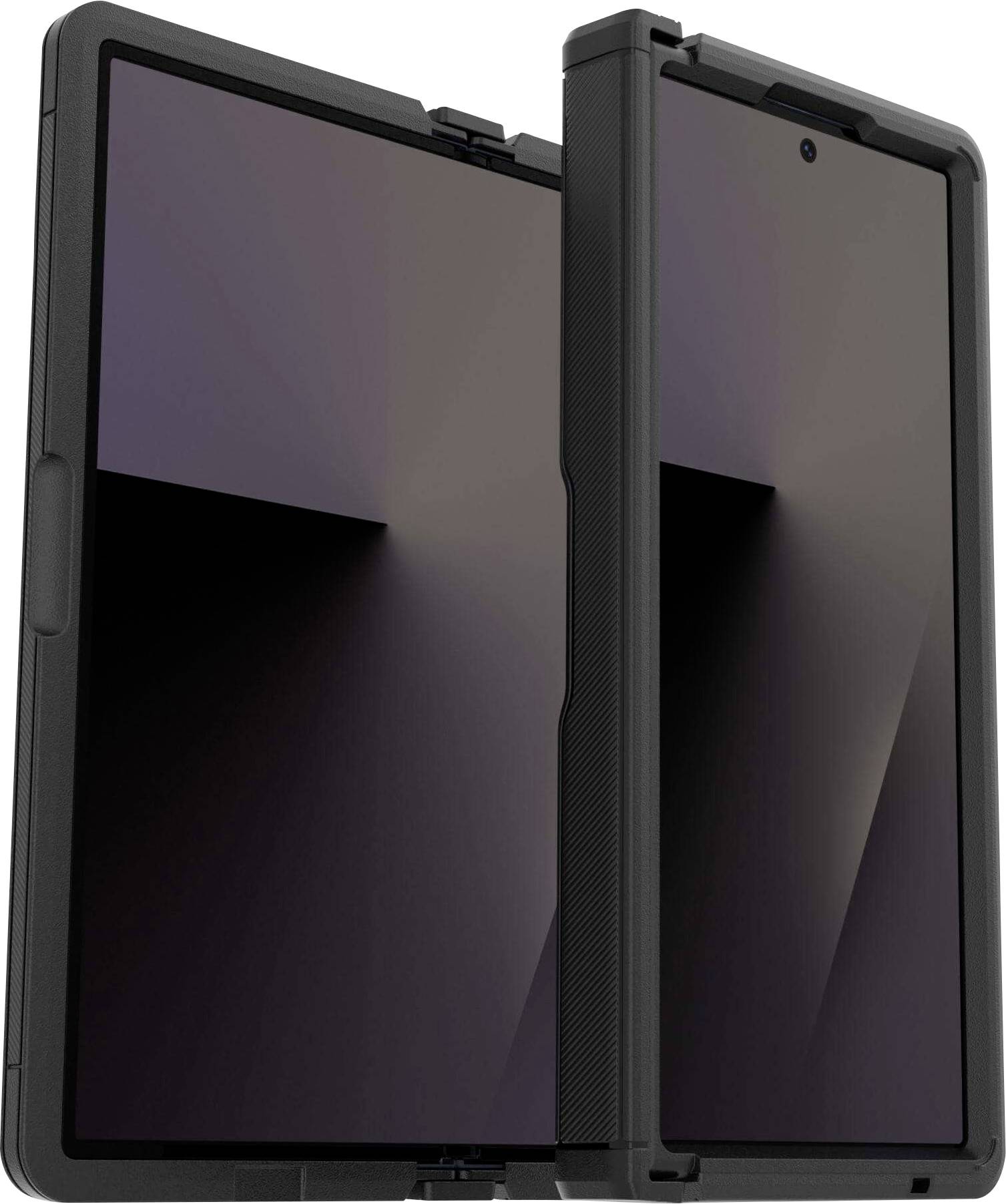 Tablet z podwójnym ekranem w czarnej obudowie, częściowo otwarty, ukazujący dwa ekrany. Urządzenie wygląda na nowoczesne i eleganckie.
