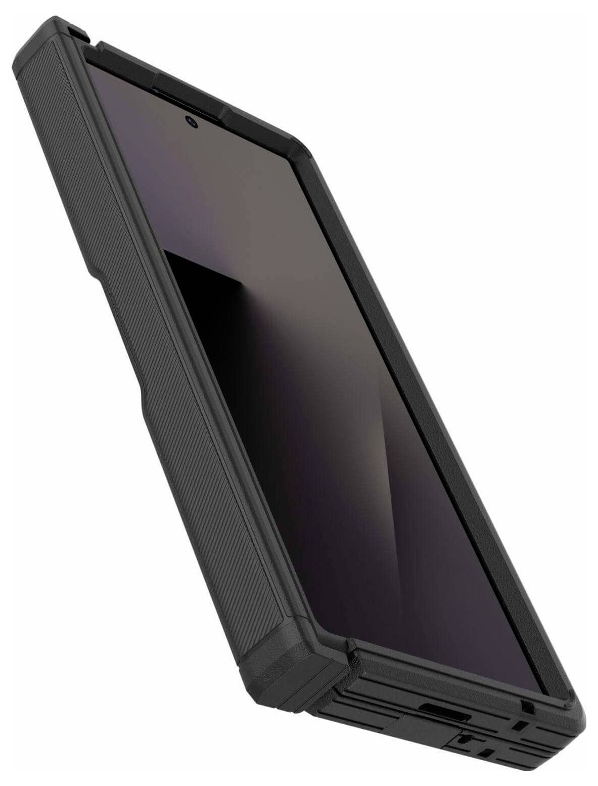 Smartfon w wytrzymałej czarnej obudowie, sfotografowany z boku, podkreślający jego solidną konstrukcję. Ekran jest wyłączony.