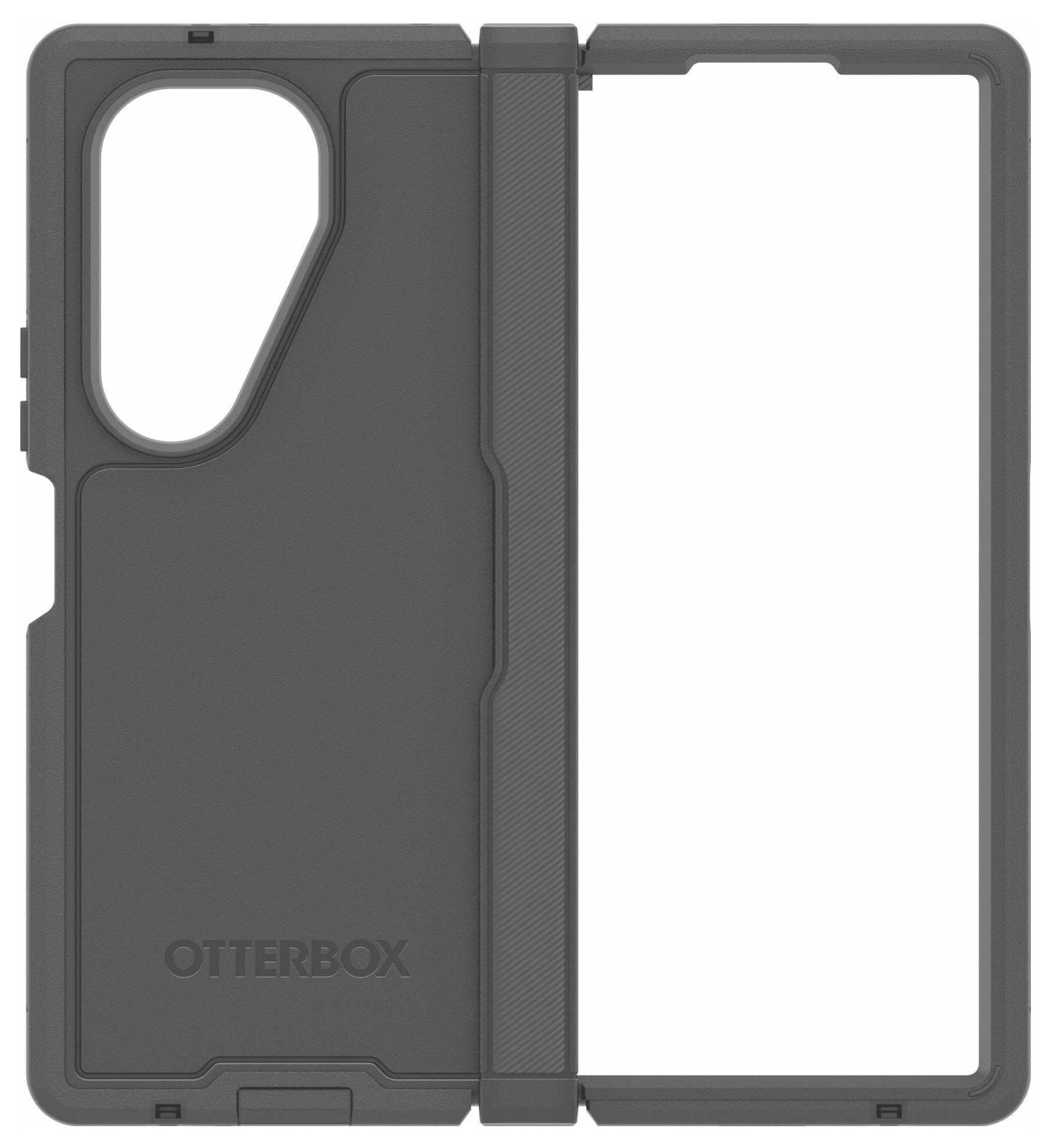 Szary futerał OtterBox na telefon z wycięciem na aparat i przyciski, zaprojektowany do telefonu składanego.