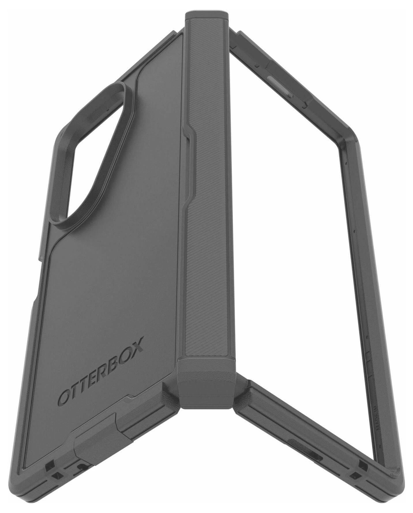 Czarny futerał na telefon marki Otterbox jest pokazany w pozycji otwartej, aby zademonstrować jego wytrzymałą funkcję podstawki oraz ochronny design.