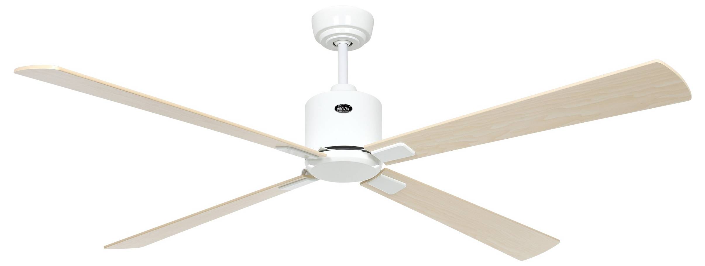 Biały wentylator sufitowy z czterema łopatkami w kolorze jasnego drewna na jednolitym tle.