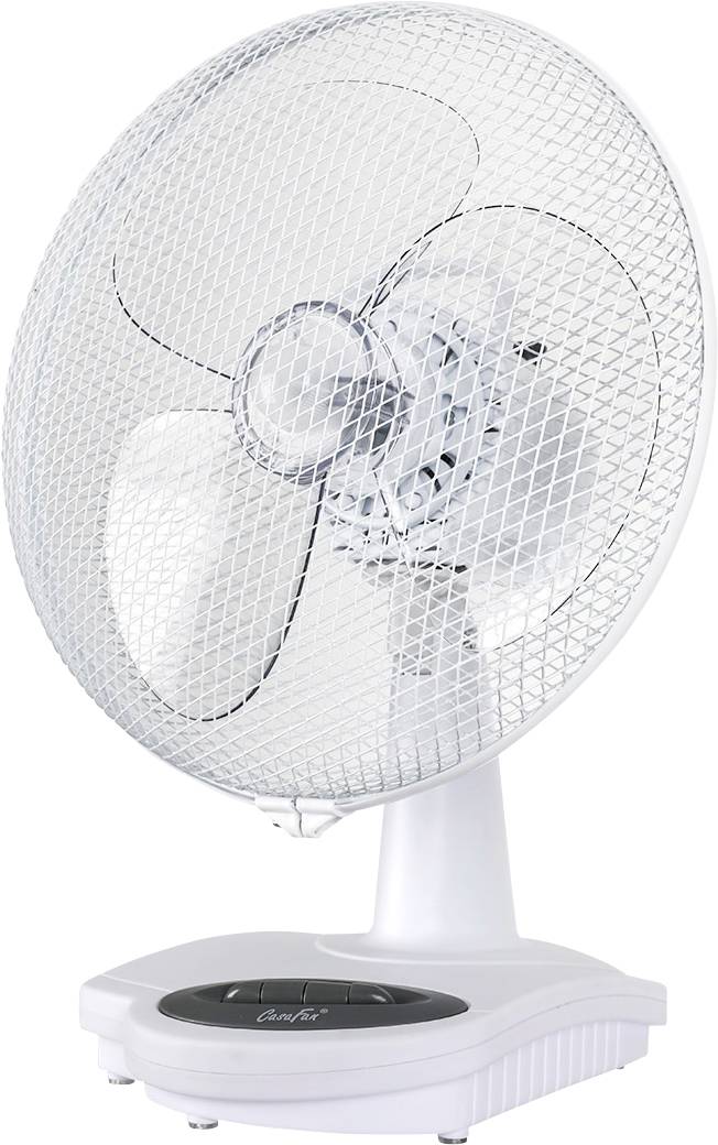 Biały oscylujący wentylator stołowy z trzema łopatkami i ochronną osłoną siatkową. Podstawa ma przyciski sterujące do regulacji prędkości.