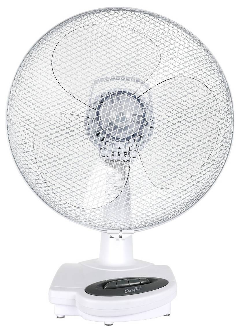 Biały wentylator stołowy z ochronną metalową kratką i przyciskami sterowania na podstawie.