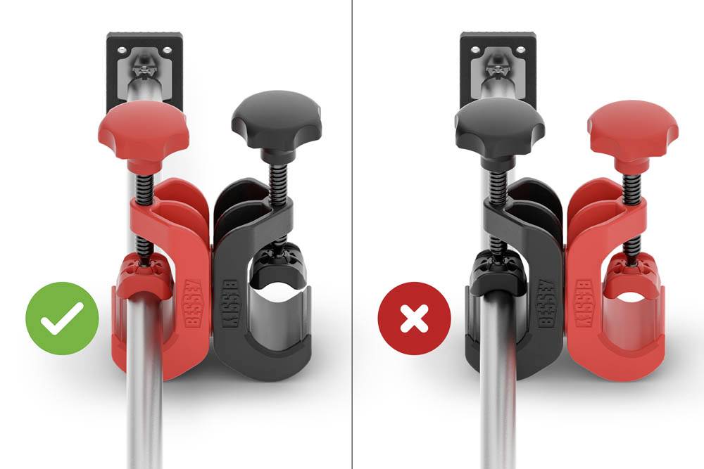 'Poprawne i niepoprawne mocowanie zacisku na obiekcie cylindrycznym: Po lewej stronie prawidłowe ustawienie z zielonym znacznikiem; po prawej stronie nieprawidłowe ustawienie z czerwonym krzyżykiem.'