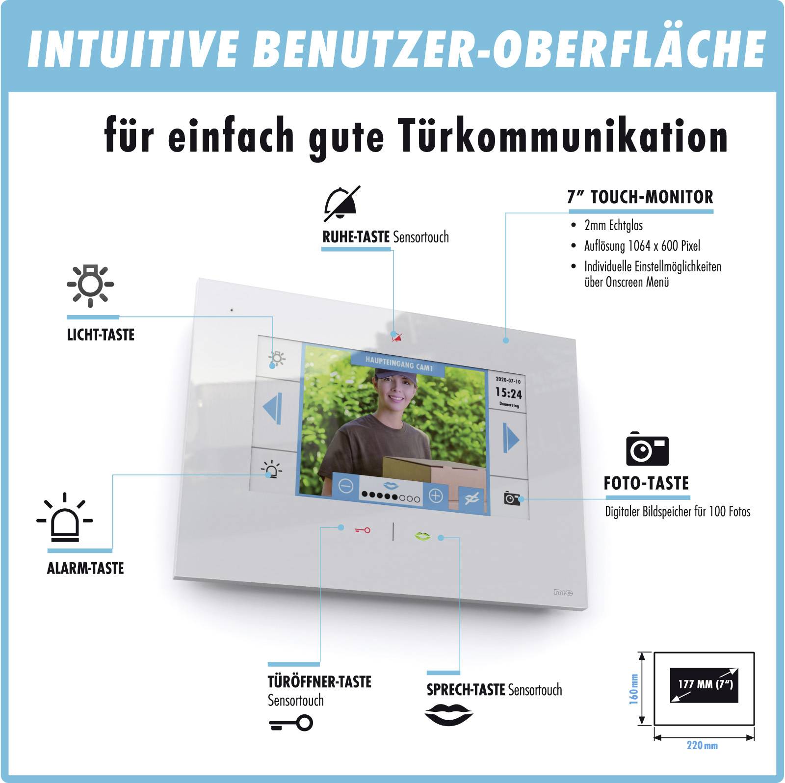 Pionowy ekran z dotykowym interfejsem i przyciskami funkcyjnymi: światło, cisza, alarm, otwieranie drzwi i funkcja komunikacji głosowej. Pojemność fotograficzna: 100 zdjęć.
