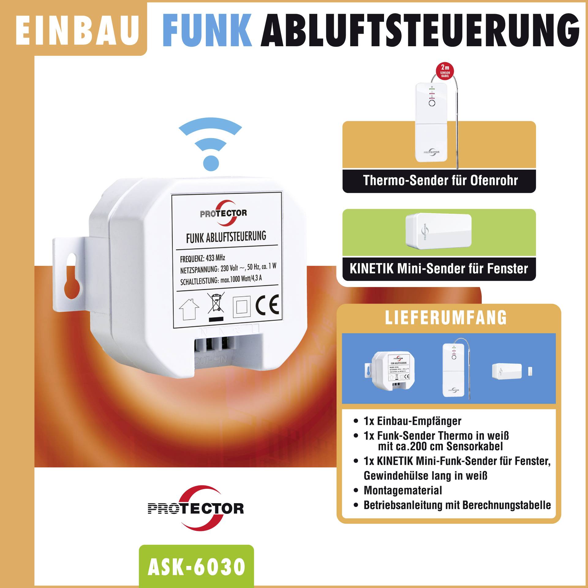 Wbudowany radiowy system sterowania wentylacją pokazuje urządzenie sterujące z miniaturowymi nadajnikami kinetic dla okien. Dostawa obejmuje odbiornik, nadajnik termiczny i akcesoria.