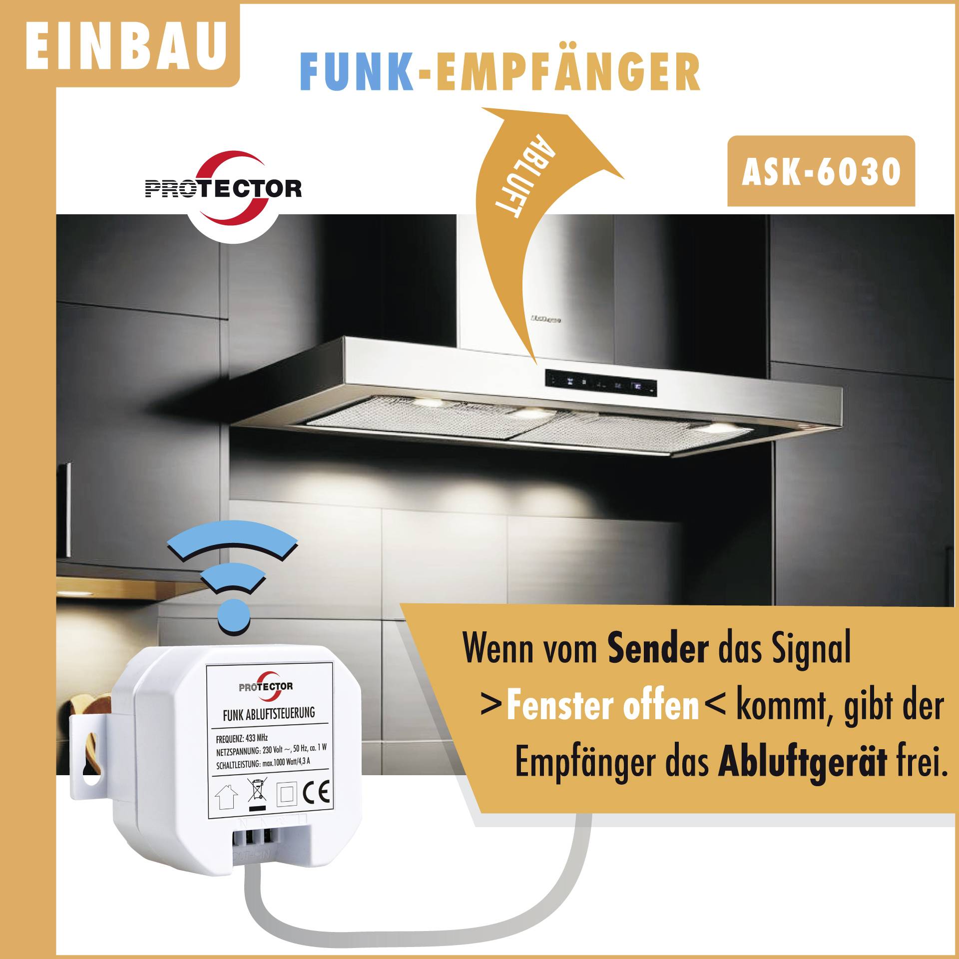 'Odbiornik radiowy aktywuje urządzenie wywiewne po odebraniu sygnału otwartego okna. Produkt model ASK-6030.'