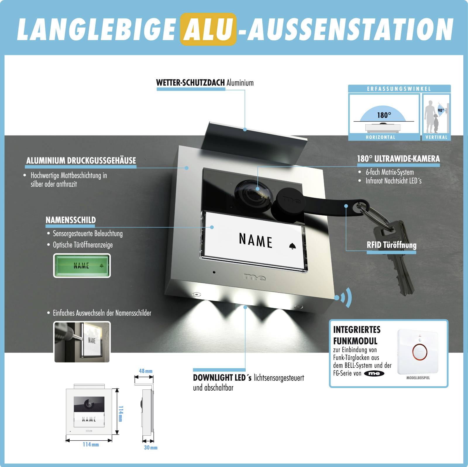 Wieloletnia aluminiowa stacja zewnętrzna z kamerą, tabliczką z nazwiskiem, otwarciem drzwi przez RFID, łącznością radiową Bluetooth oraz podświetleniem LED.