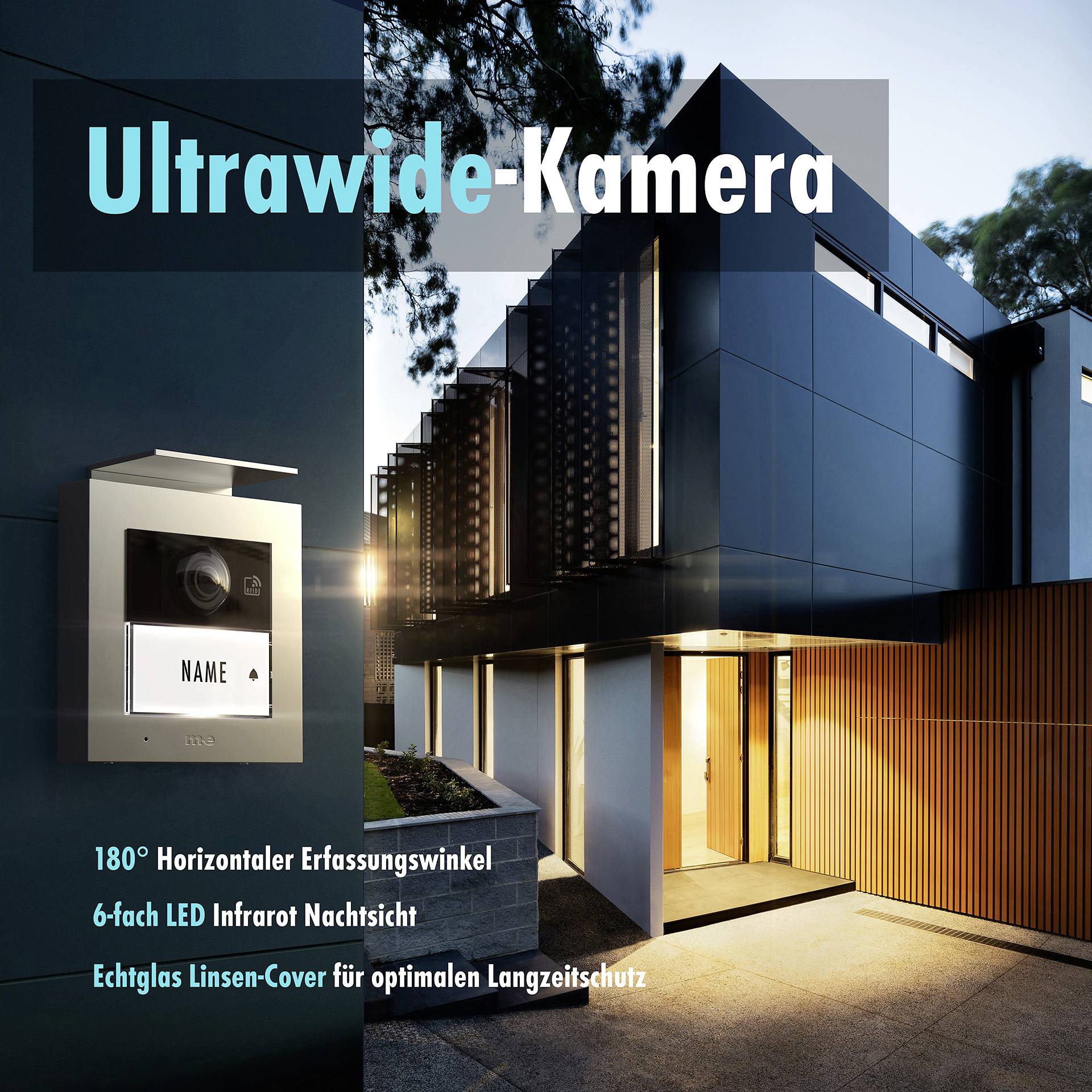 Kamera ultraszerokokątna zainstalowana na nowoczesnym budynku. Oferuje 180-stopniowy poziomy kąt widzenia oraz 6-diodowy podczerwony system nocnego widzenia.