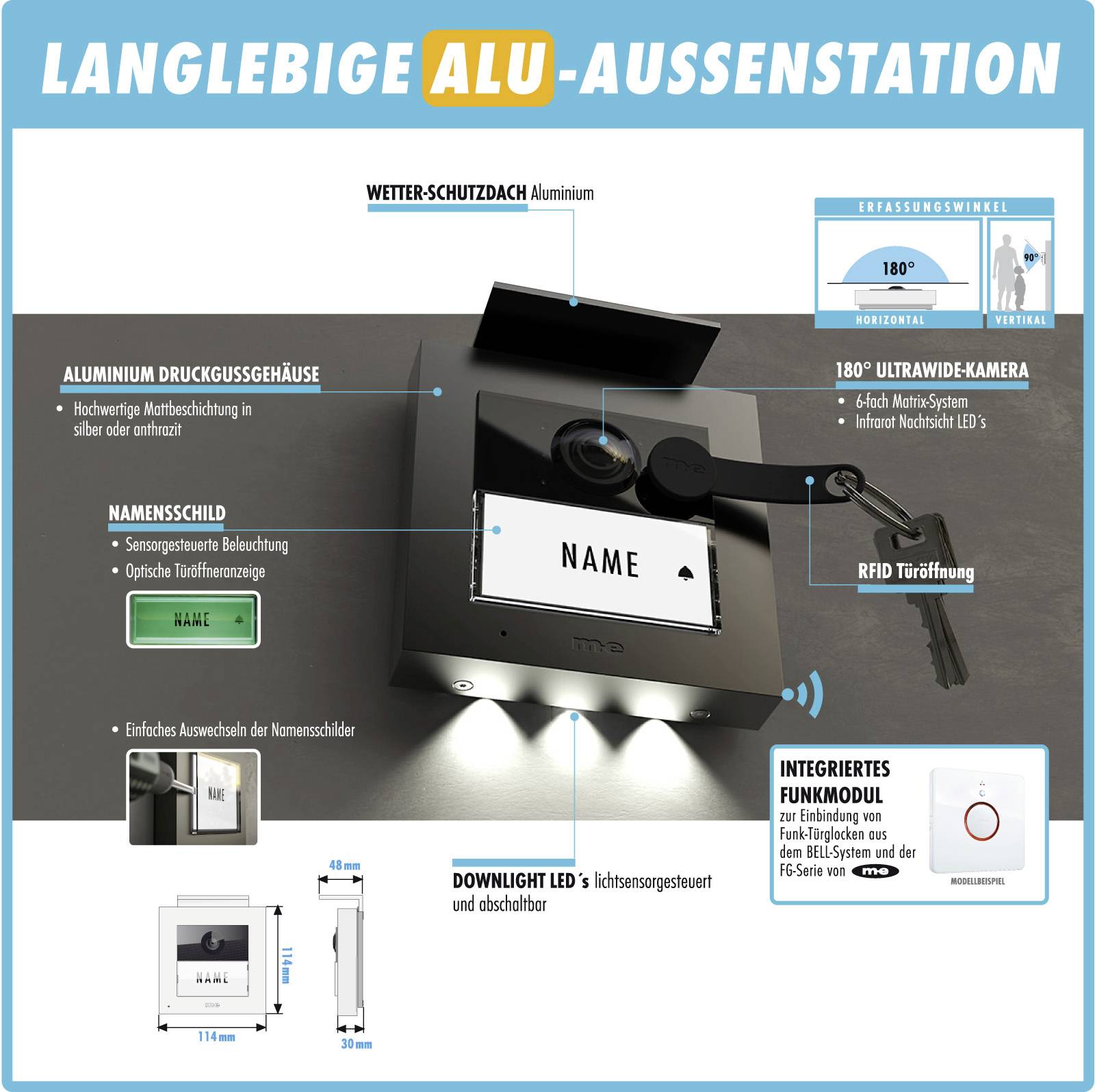 'Stacja zewnętrzna z otwarciem RFID, kamera szerokokątna 180°, obudowa aluminiowa, oświetlenie LED. Daszek przeciwdeszczowy z aluminium z zintegrowanym modułem bezprzewodowym.'