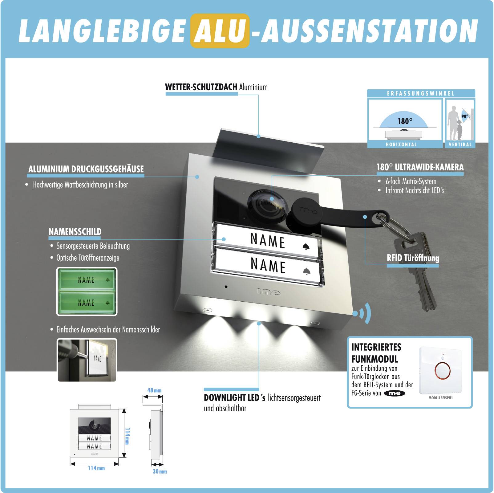 Reklama wytrzymałej stacji zewnętrznej z aluminium: obudowa aluminiowa, kamera 180°, dostęp RFID, oświetlenie LED. Odporna na warunki atmosferyczne i nowoczesna.