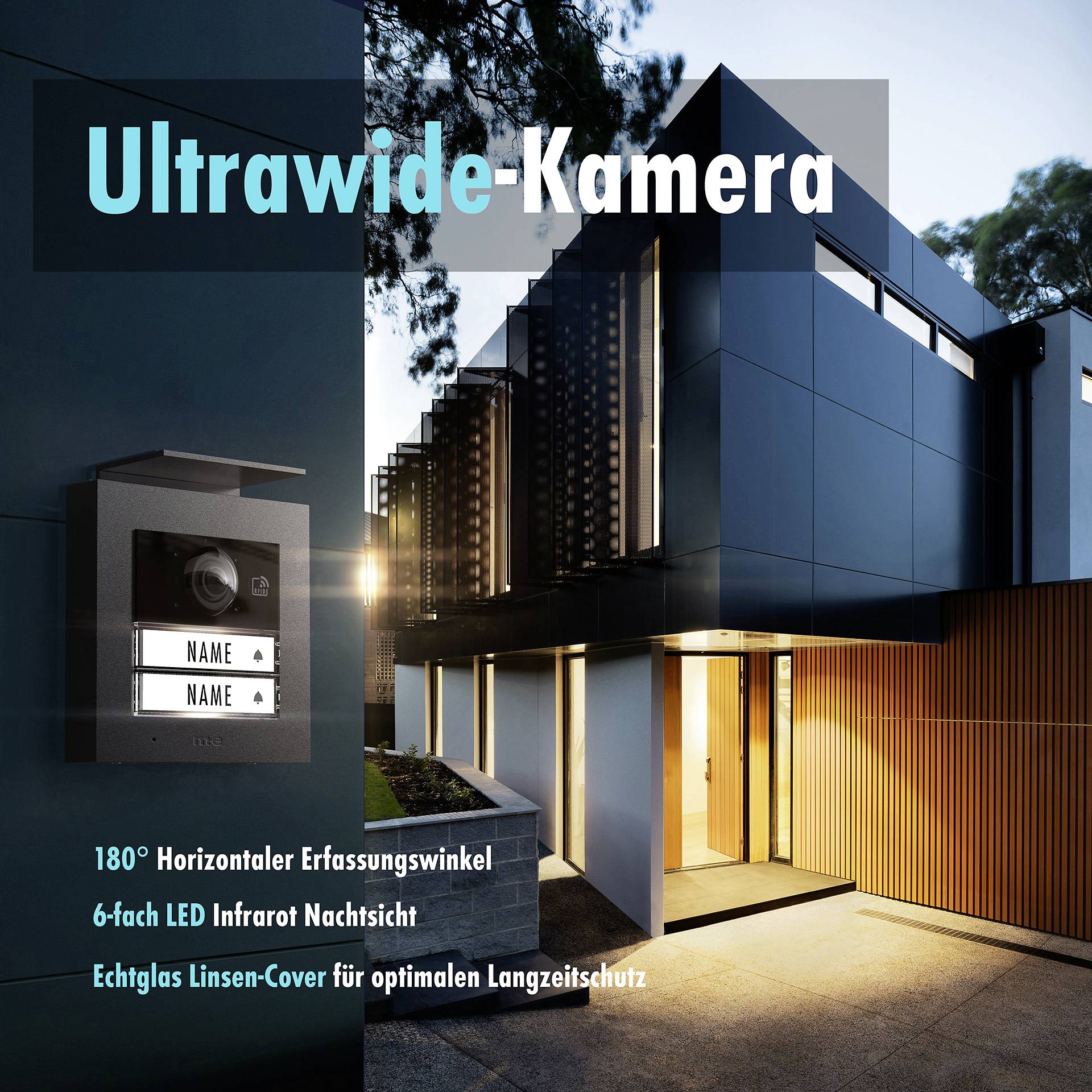 Nowoczesny budynek nocą z reklamą 'Kamery ultraszerokiej'. Szczegóły: kąt 180°, 6-diodowy tryb nocny, szklana obudowa.