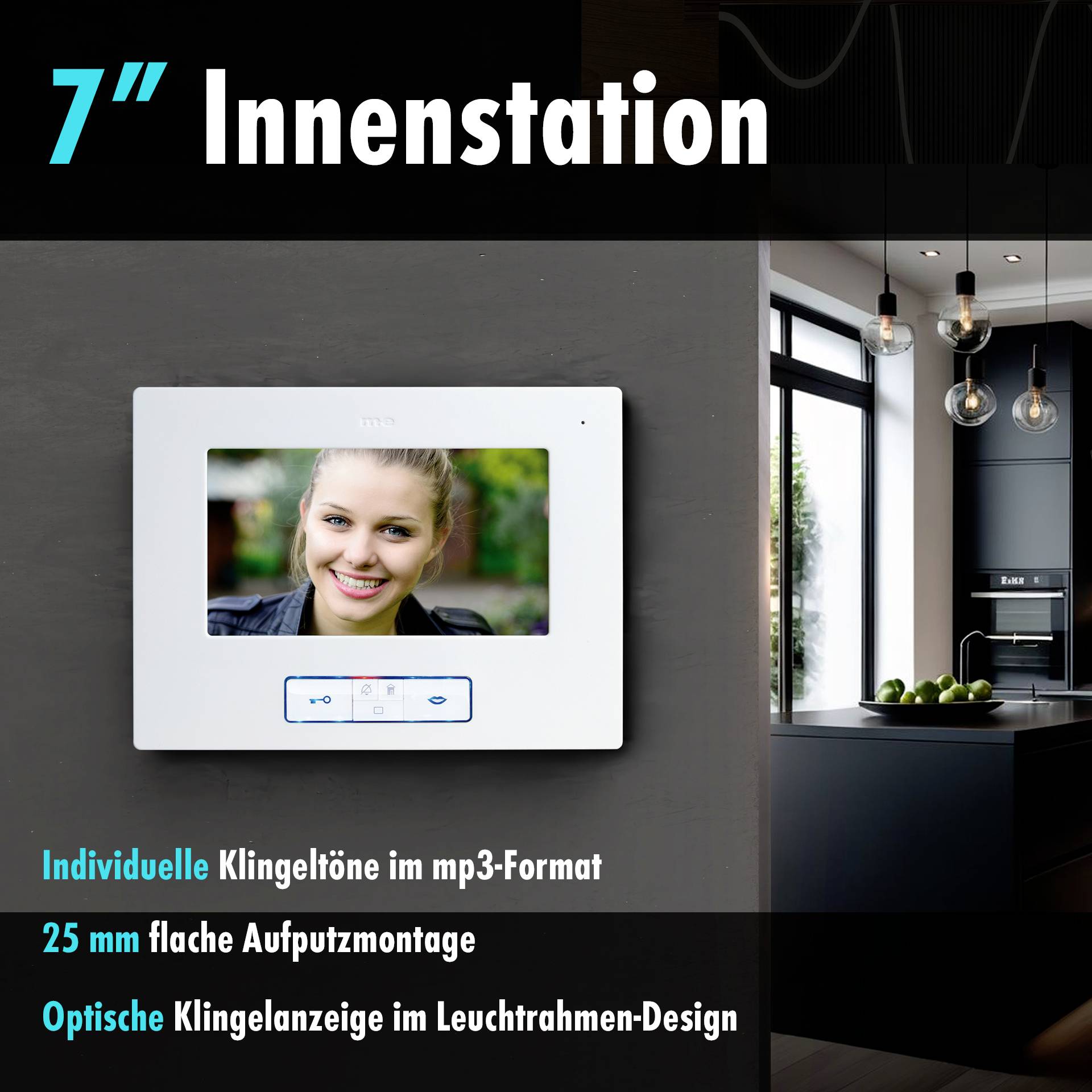 7-calowy monitor do drzwi w nowoczesnym designie przedstawia kobietę. Tekst: 'Indywidualne dzwonki', '25 mm płaski montaż natynkowy'.