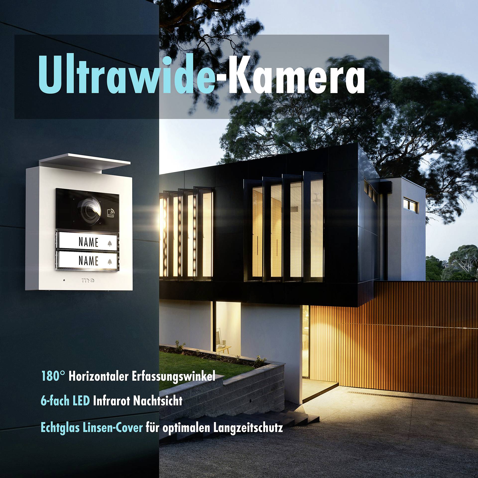 Nowoczesne wejście do domu z domofonem. Tekst: 'Kamera ultraszerokokątna', kąt widzenia 180°, podczerwień nocna, osłona obiektywu.