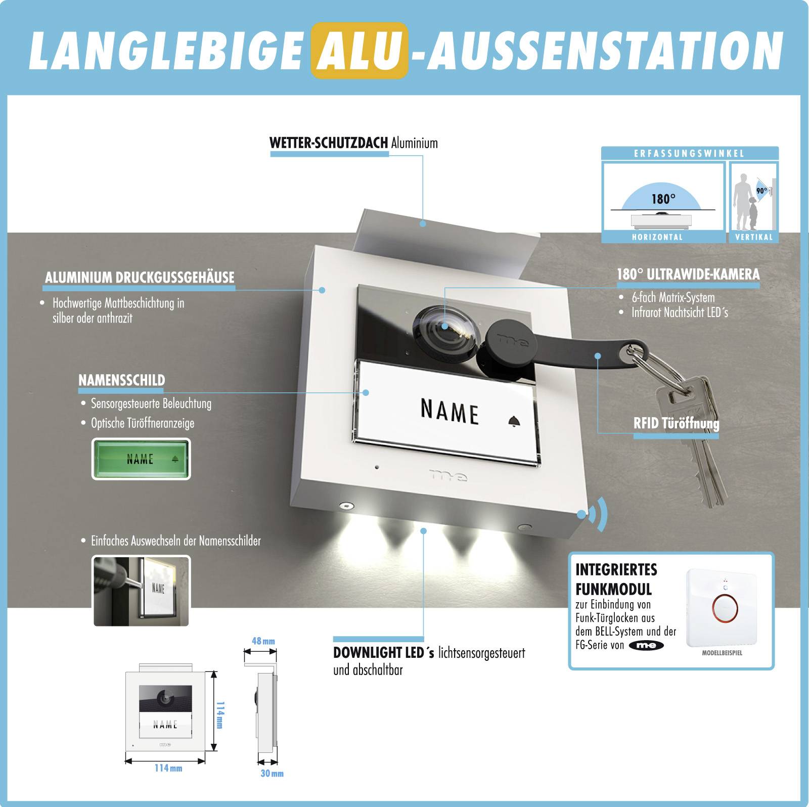 Stacja aluminiowa na zewnątrz z kamerą, daszkiem ochronnym, tabliczką z nazwiskiem i modułem RFID. Zintegrowane funkcje: oświetlenie LED i moduł bezprzewodowy.