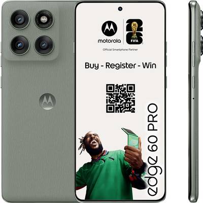 Smartfon Motorola Edge 60 Pro z tekstem promocyjnym „Kup - Zarejestruj - Wygraj" i kodem QR, na którym mężczyzna trzyma telefon.