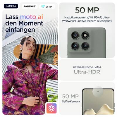 Kobieta w kolorowym garniturze pozuje; obok reklama smartfona z kamerą 50 MP, Ultra-HDR, funkcjami sztucznej inteligencji i kamerą do selfie.