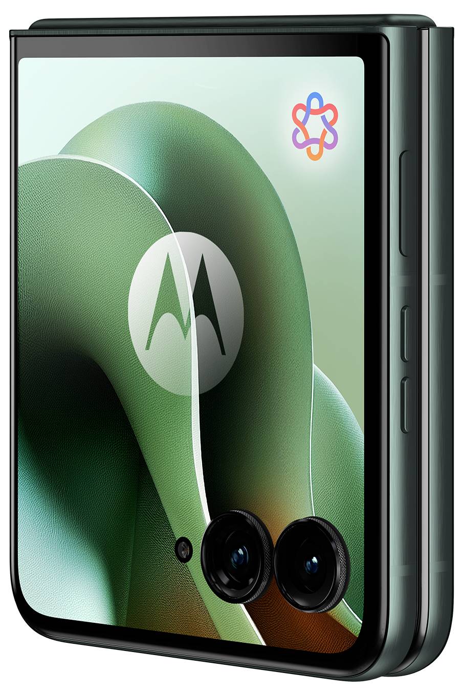 Smartfon ze składanym ekranem jest częściowo zamknięty, wyświetlając kolorowy projekt abstrakcyjny i logo na froncie.