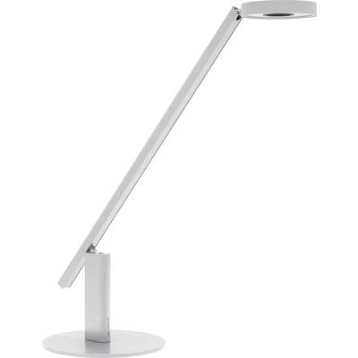 Smukła, nowoczesna lampa biurkowa LED z wąskim, pochylonym ramieniem i okrągłą podstawą w kolorze metalicznego srebra; zaprojektowana z myślą o minimalistycznych przestrzeniach roboczych.