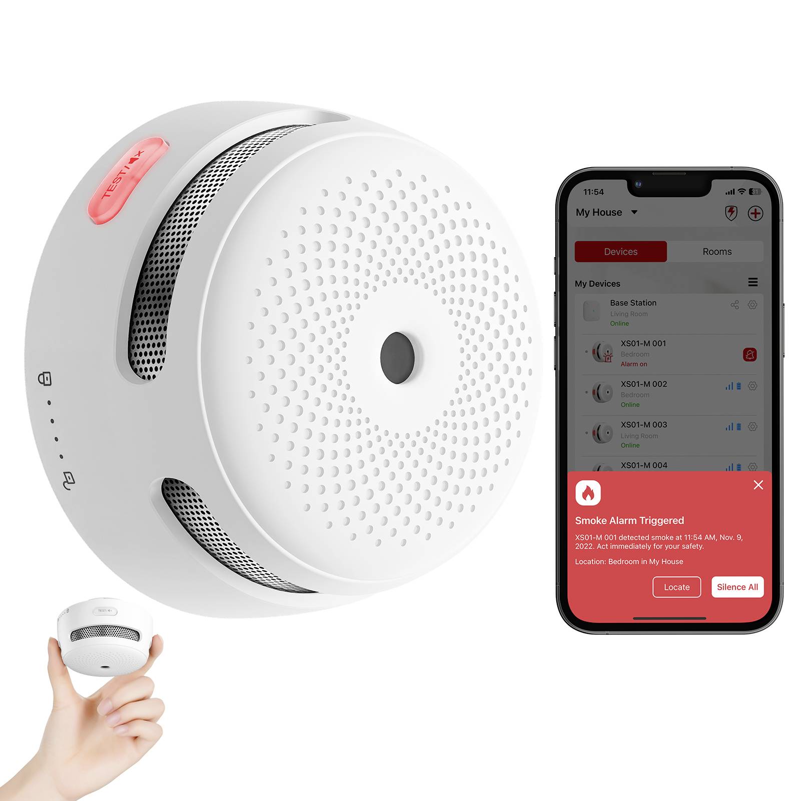 Czujka dymu i ekran smartfona wyświetlają alert: 'Czujka dymu aktywowana - Sypialnia w moim domu' z opcjami 'Drzemka' lub 'Wycisz wszystko'.