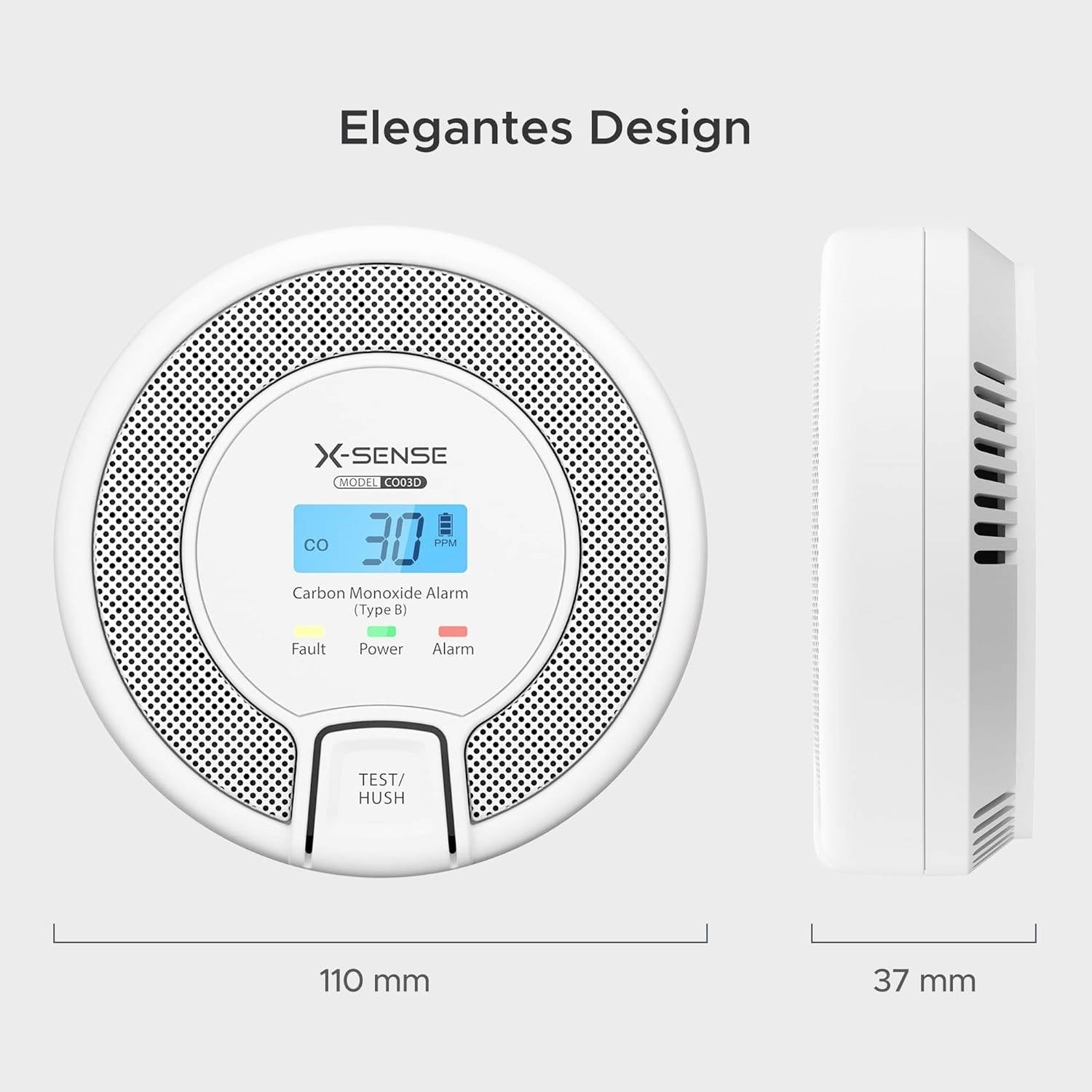 Okrągły czujnik tlenku węgla z cyfrowym wyświetlaczem, wskazujący '30 ppm'. Duży napis 'TEST/HUSH' naciśnięty. Wymiary: 110 mm średnicy, 37 mm głębokości.