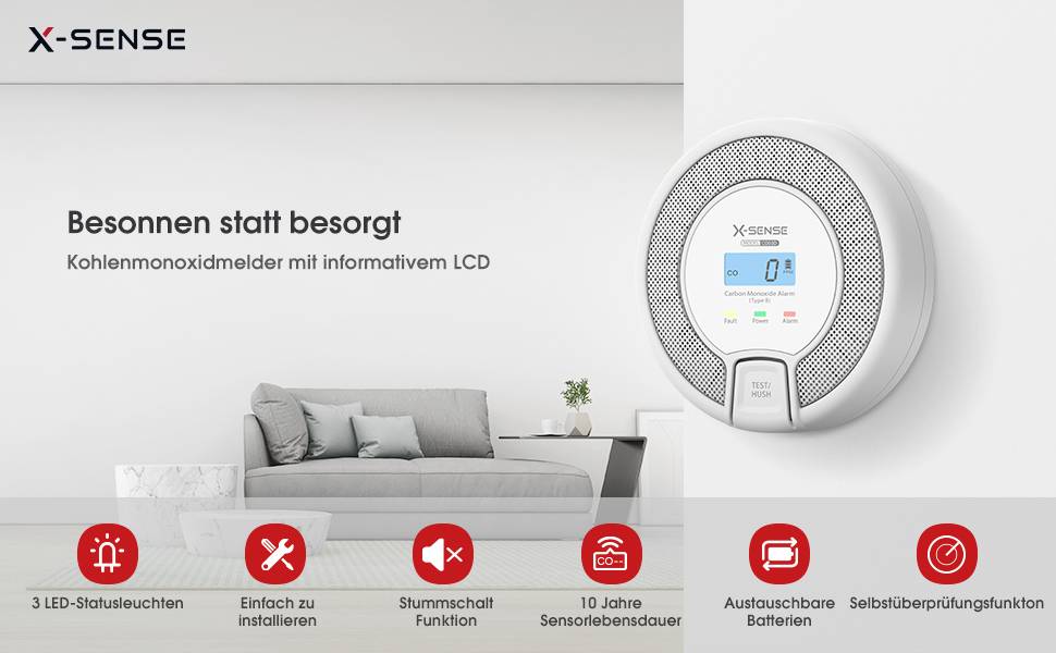 Czujnik tlenku węgla na ścianie z wyświetlaczem LCD. Napis: 'Spokojnie zamiast się martwić'. Symbole funkcji poniżej: prosta instalacja, 10-letni sensor, wymienialne baterie.