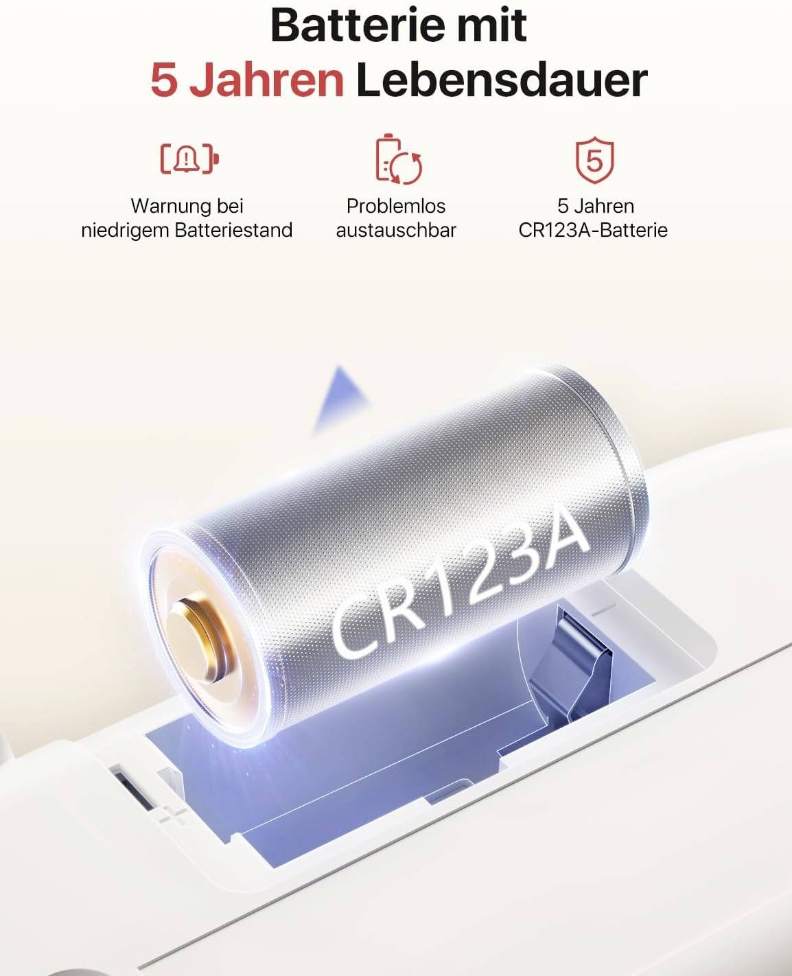 Bateria CR123A w urządzeniu, z tekstem 'Bateria o 5-letniej żywotności'. Ostrzeżenie o niskim stanie baterii.