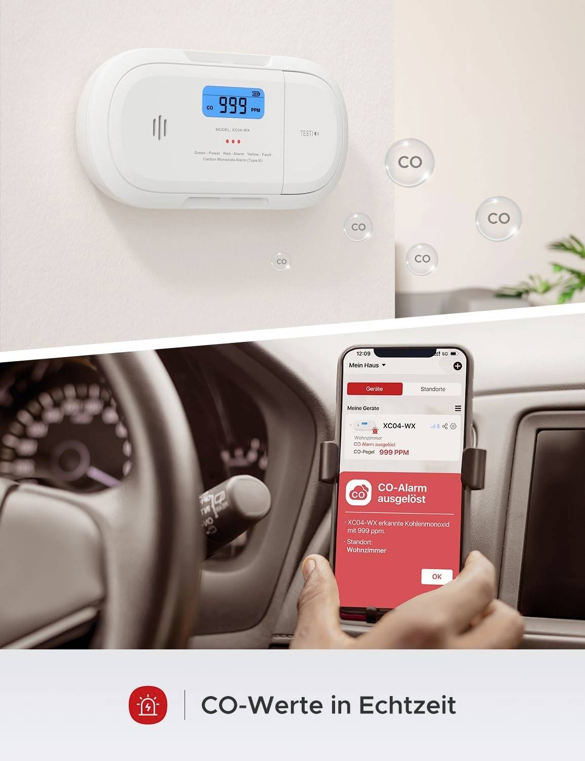 'Elastyczny montaż': czujnik tlenku węgla na półce przy łóżku. 'Czytelny wyświetlacz LCD': zbliżenie wyświetlacza z symbolami zasilania i ostrzeżeń.